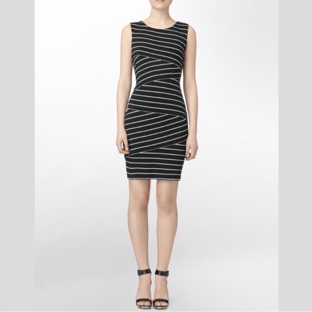 Calvin Klein Striped Tiered Sleeveless Bodycon Dress Womens Size 4 Office Preppy